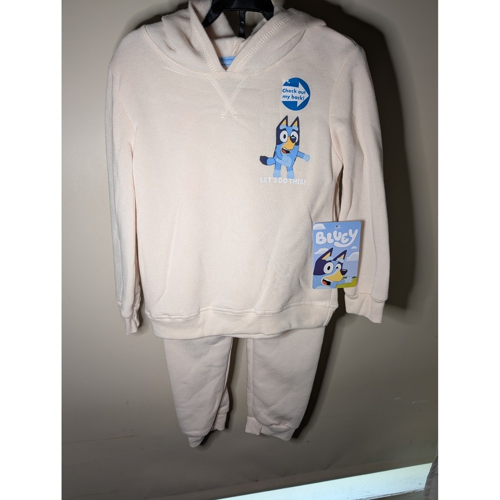 Bluey Heeler Family Fleece Hoodie and Joggers Tracksuit Set Cream Blue Kids